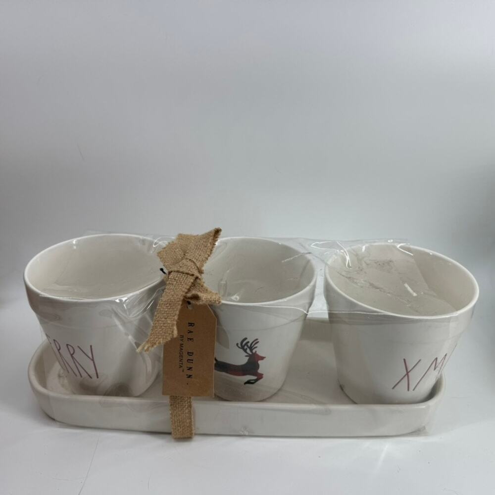 Rae Dunn Merry Xmas Reindeer Ceramic Planter Pot Set with Tray Christmas Decor